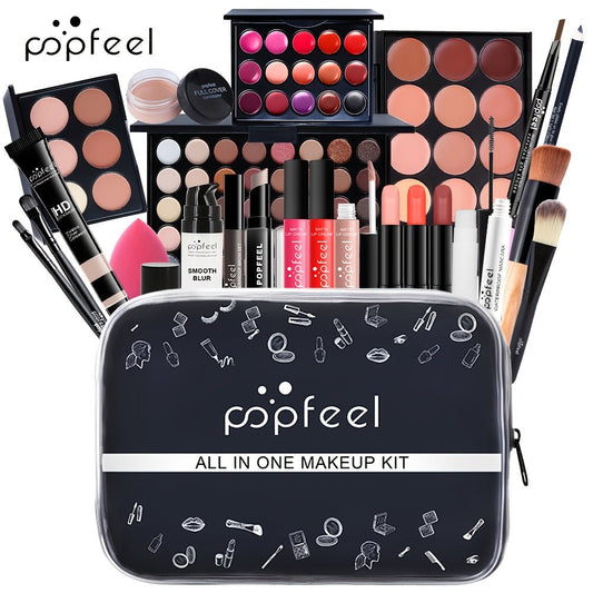 POPFEEL Kit de maquiagem de viagem tudo - em - um, conjunto de cosméticos portátil com estojo preto, coleção de beleza com vários produtos para retoques em qualquer lugar - Minha loja